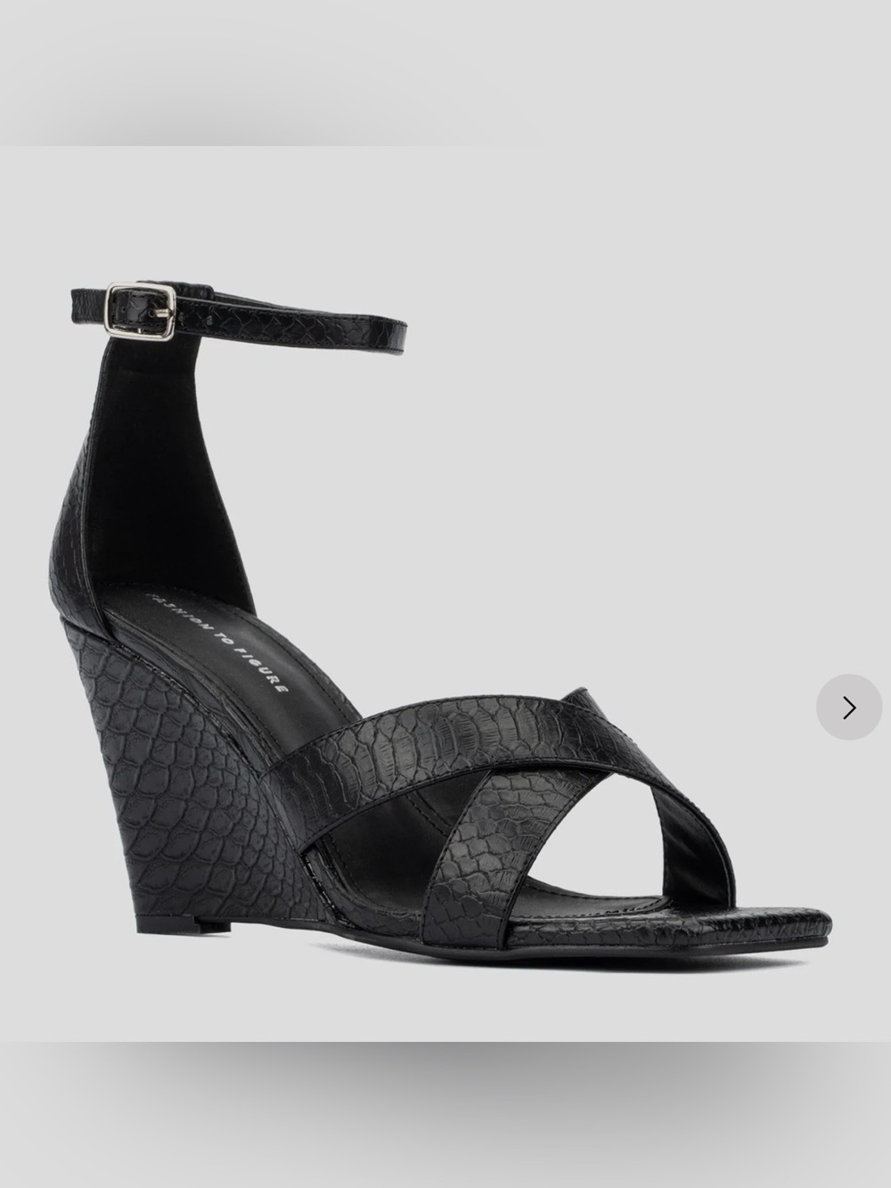 Fashion to Figure Marcie Black Croc-Texture Wedge Sandals with Ankle Strap 14 W